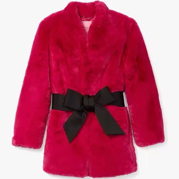 kate spade ♠️- $568 Bow-waist Faux Fur Coat in, “Rosa Plum”, Size Medium, NWT - Picture 8 of 16